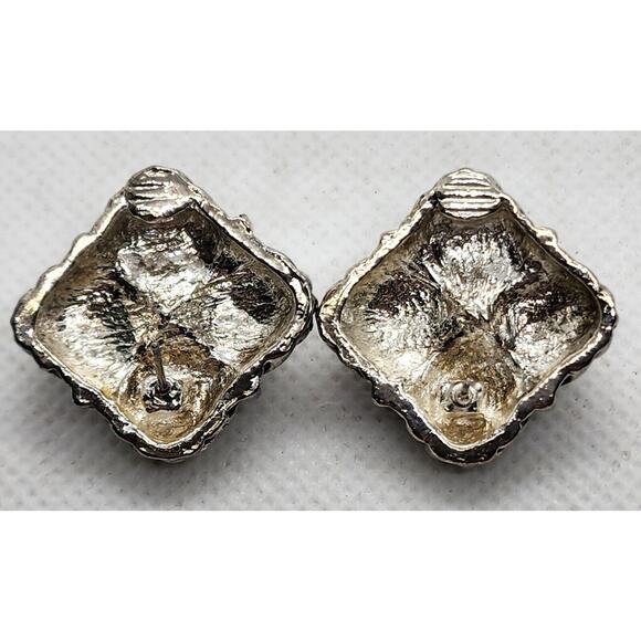 Earrings-Silver Tone with Blue "Stones"-Silver With Black Chunky Square-Pierced - Picture 4 of 8